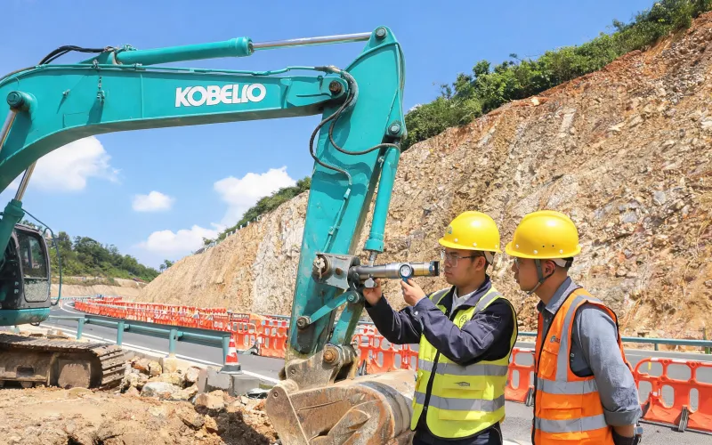 Engineers gauging excavator boom pin clearance on jobsite
