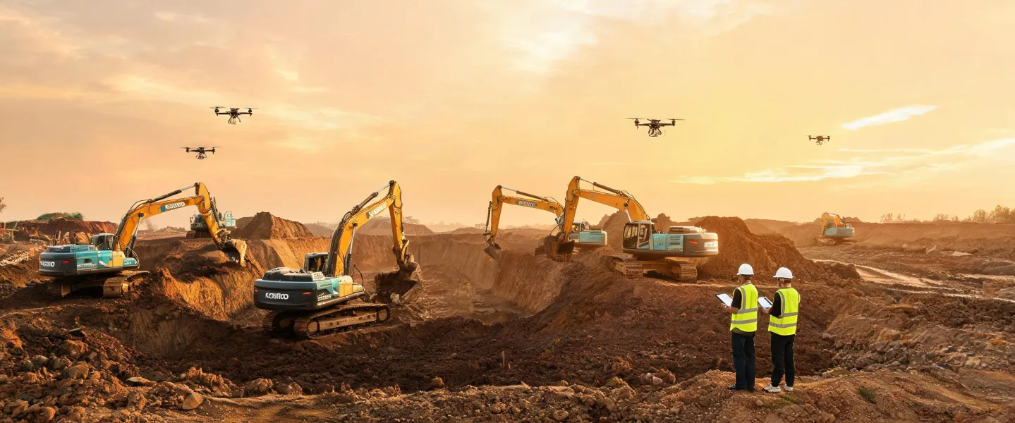 Kobelco excavator fleet working on large infrastructure cut