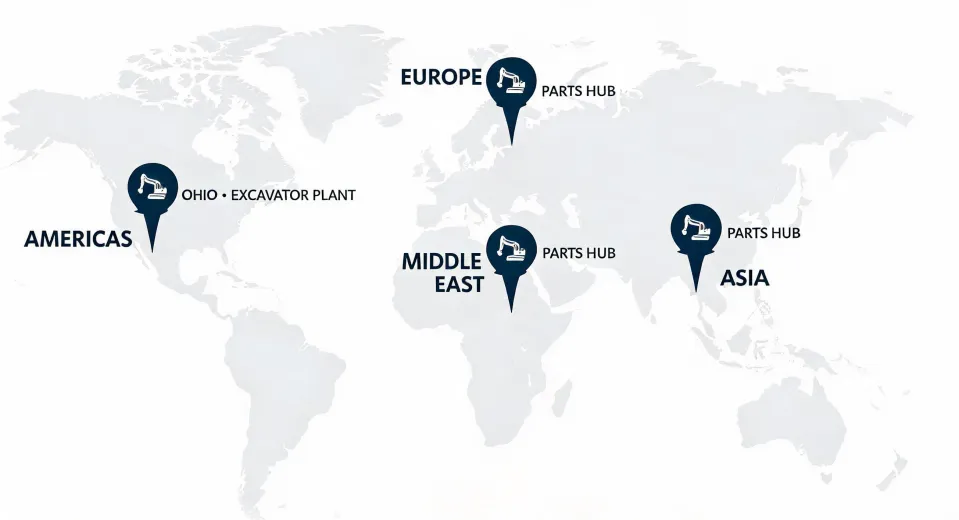 Map of Kobelco regional parts hubs and plant locations
