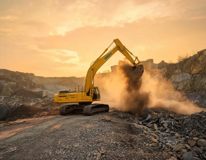 Kobelco crawler excavator working on quarry haul road