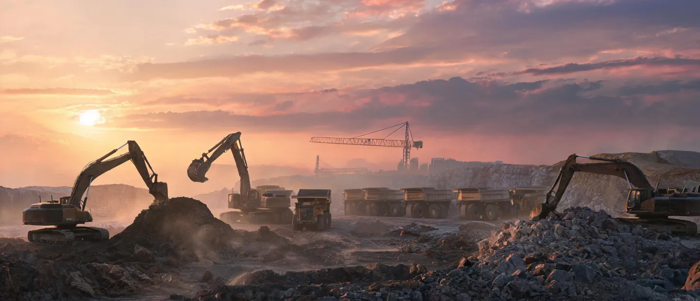 Mass excavation site with crawler excavators and rigid haulers at dusk