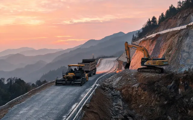 Highway base-course paving fleet with excavator support