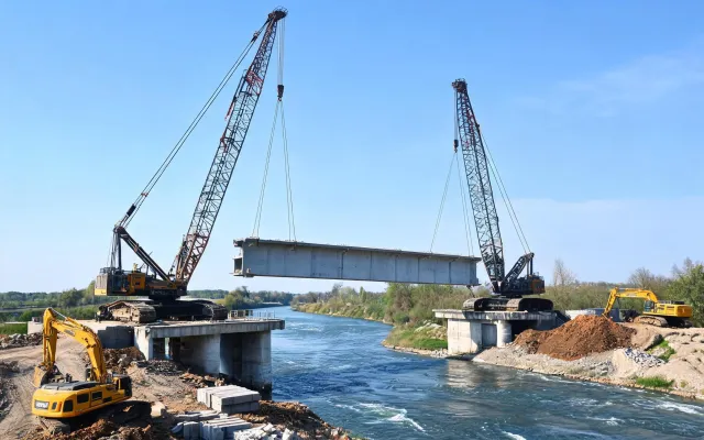 Crawler crane tandem lift of precast bridge segment