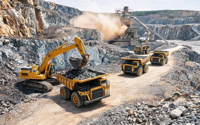 Open pit quarry rigid hauler convoy and excavator loading