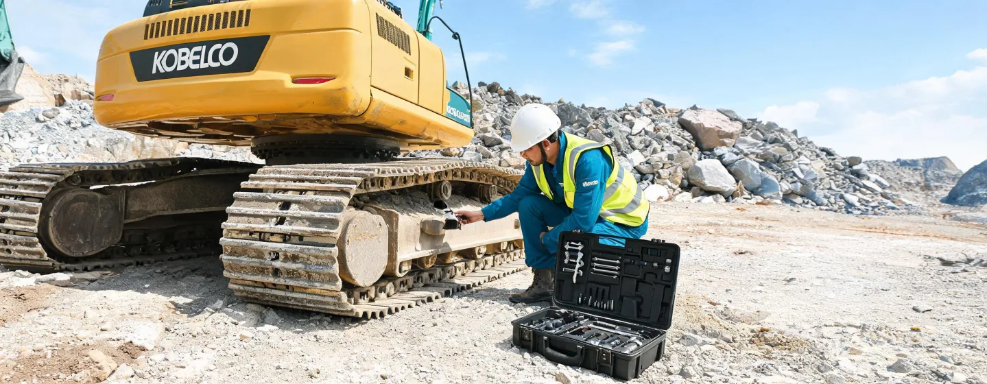 Kobelco field technician inspecting excavator undercarriage on jobsite